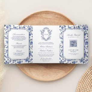 Invitación Tríptica Escudo chino blanco y azul Boda de código QR