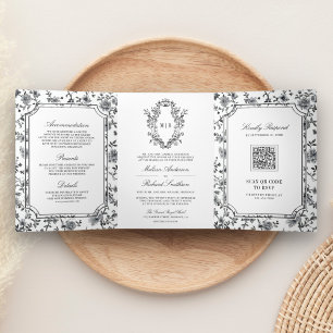 Invitación Tríptica Escudo chino blanco y negro Boda de código QR
