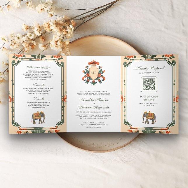 Invitación Tríptica Escudo de época Royal Elephant Boda hindú (Subido por el creador)