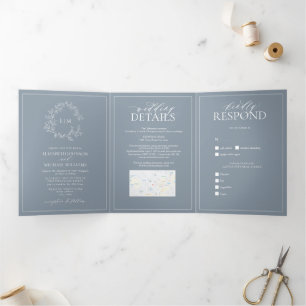 Invitación Tríptica Escudo de Leafy Azul agitado Monograma Boda