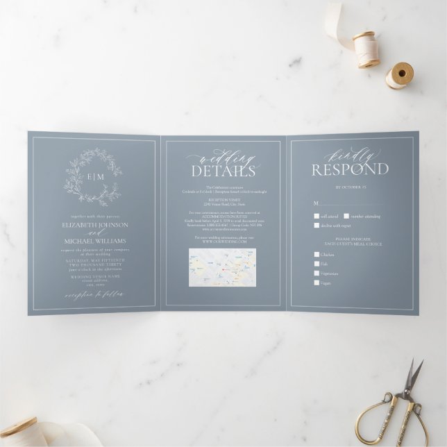 Invitación Tríptica Escudo de Leafy Azul agitado Monograma Boda (Interior)