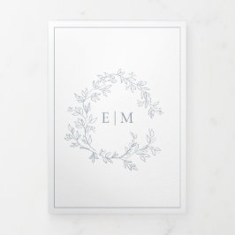 Invitación Tríptica Escudo de Leafy Azul agitado Monograma Boda