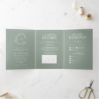 Escudo de Leafy Verde Sage Monograma Boda Tri-Fold