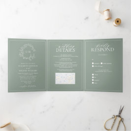 Invitación Tríptica Escudo de Leafy Verde Sage Monograma Boda Tri-Fold