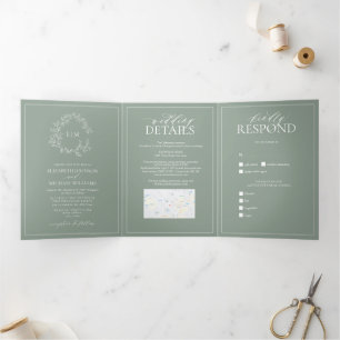 Invitación Tríptica Escudo de Leafy Verde Sage Monograma Boda Tri-Fold