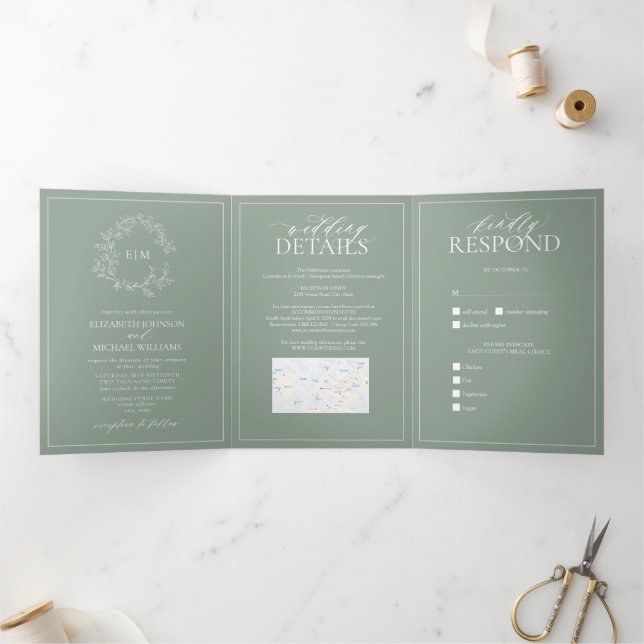 Invitación Tríptica Escudo de Leafy Verde Sage Monograma Boda Tri-Fold (Interior)