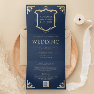 Invitación Tríptica Escudo de oro vintage Código QR Boda azul de la Ma