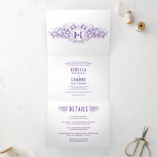Invitación Tríptica Escudo heráldico de color púrpura e boda de inicia