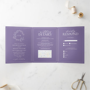 Invitación Tríptica Escudo Lilac Lavender Leafy Monograma Boda