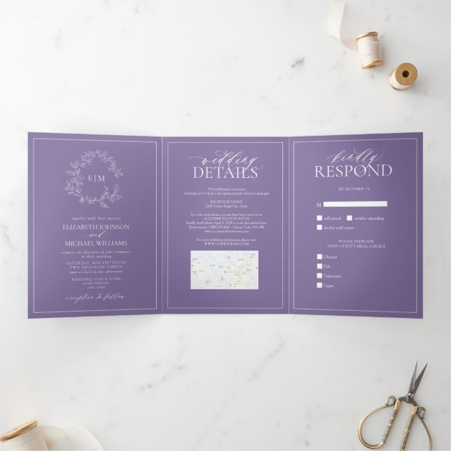 Invitación Tríptica Escudo Lilac Lavender Leafy Monograma Boda (Interior)