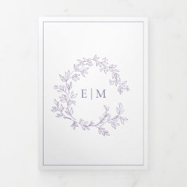 Invitación Tríptica Escudo Lilac Lavender Leafy Monograma Boda