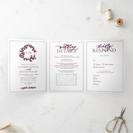 Invitación Tríptica Escudo moderno de Borgoña  Monograma Boda