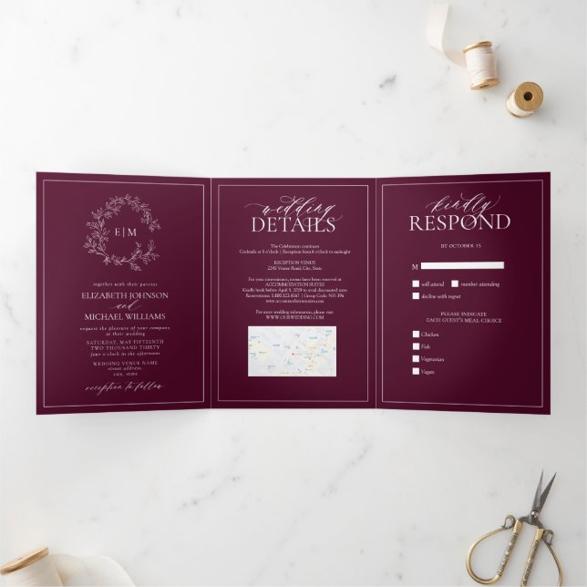 Invitación Tríptica Escudo moderno de Borgoña  Monograma Boda (Interior)