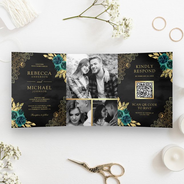Invitación Tríptica Esmeralda Floral Gold Lace QR Código Boda negro (Subido por el creador)