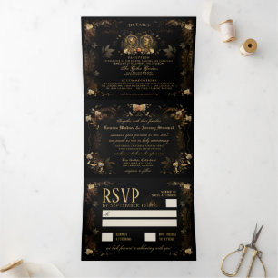 Invitación Tríptica Esqueletos Golden Elegent "Together With" Details 