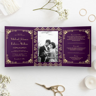 Invitación Tríptica Estilo Art Deco Antiguo Boda Morada y Dorada