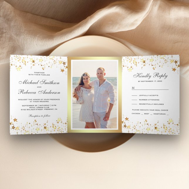 Invitación Tríptica Estrellas de Papel de Oro Confeti Boda Blanca (Subido por el creador)