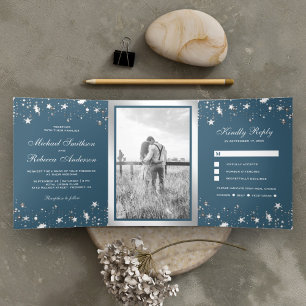 Invitación Tríptica Estrellas de Papel de Plata Confeti Azul Polvorien