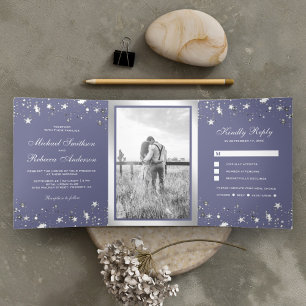 Invitación Tríptica Estrellas de Papel Plateado Confeti Polvo Morado B