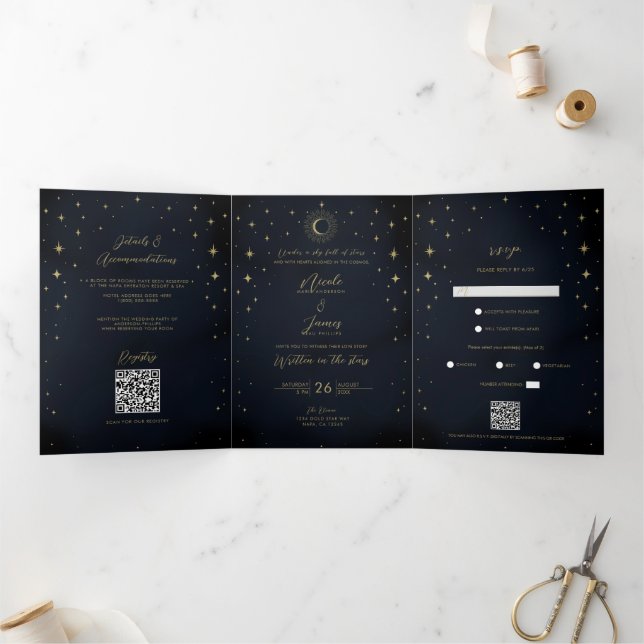 Invitación Tríptica Estrellas Doradas Noche Explosión Celestial Sol Fo (Interior)
