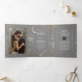 Invitación Tríptica Estrellas lunares Boda celestial gris y oro
