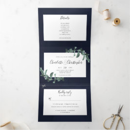 Invitación Tríptica eucalipto acuarela azul marino todo en un boda