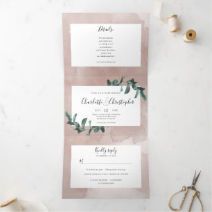 Invitación Tríptica eucalipto acuarela rosa todo en un boda