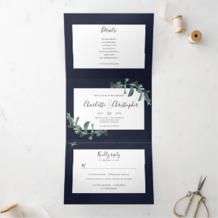 Invitación Tríptica eucalipto color azul marino azul marino todo en un