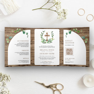 Invitación Tríptica Eucalipto Cruz Católica de Boda Todo en Uno