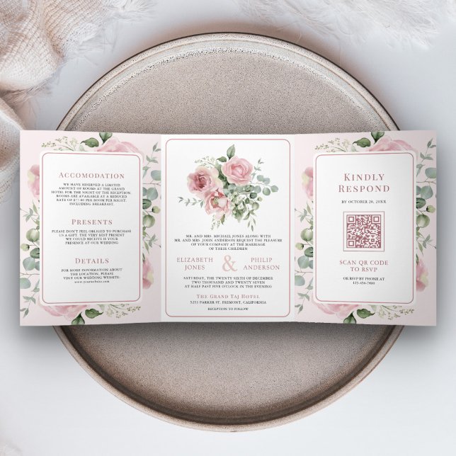Invitación Tríptica Eucalipto floral rosa Rubor todo en un Boda (Subido por el creador)
