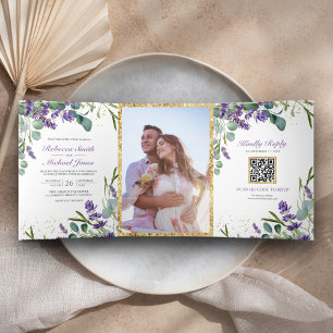 Invitación Tríptica Eucalipto Lavanda Rústica Foto Boda de código QR