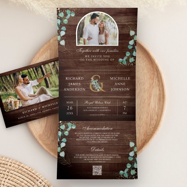 Invitación Tríptica Eucalyptus Arch Photo Rustic Wood QR Code Wedding (Subido por el creador)