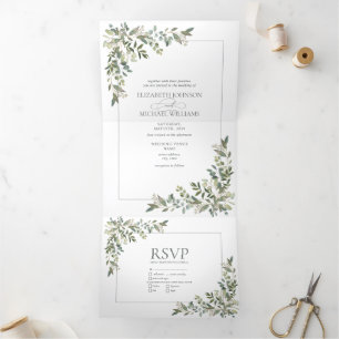 Invitación Tríptica Eucalyptus Boda de Comidas Verdes en Sage Botánico