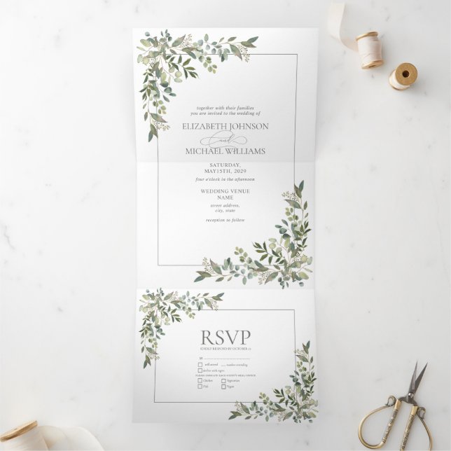 Invitación Tríptica Eucalyptus Boda de Comidas Verdes en Sage Botánico (Interior)