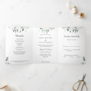 Invitación Tríptica Eucalyptus Cotton   Moderno blanco