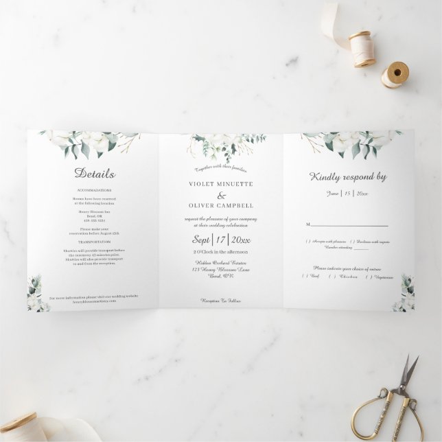 Invitación Tríptica Eucalyptus Cotton | Moderno blanco (Interior)