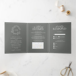 Invitación Tríptica Eucalyptus Escudo Green Leafy Monograma Boda