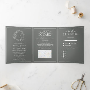Invitación Tríptica Eucalyptus Escudo Green Leafy Monograma Boda