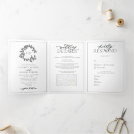 Invitación Tríptica Eucalyptus Escudo Green Leafy Monograma Boda