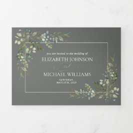Invitación Tríptica Eucalyptus Jaula Botánica Boda de Guión Verde Tri
