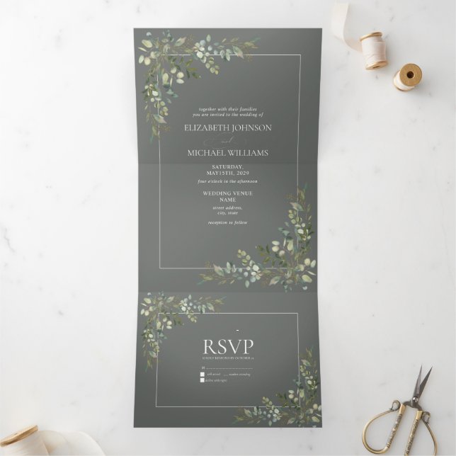 Invitación Tríptica Eucalyptus Jaula Botánica Boda de Guión Verde Tri (Interior)