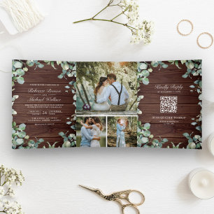 Invitación Tríptica Eucalyptus moderno Código QR Boda de Madera Rústic