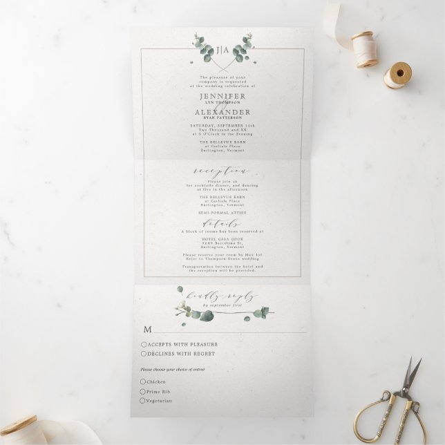 Invitación Tríptica Eucalyptus Todo en un Boda monograma Tri-Fold (Interior)