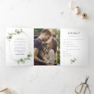 Invitación Tríptica Eucalyptus Watercolor Photo Boda todo en uno