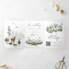 Invitación Tríptica Evergreen Pines Rustic Mountain Forest Boda