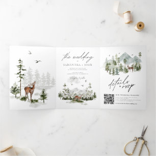 Invitación Tríptica Evergreen Pines Rustic Mountain Forest Boda