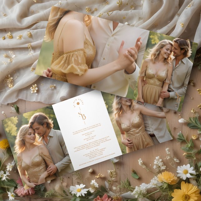 Invitación Tríptica Exquisite Chic Minimalist Gold Wedding Initials (Exquisite Chic Minimalist Gold Effect Wedding Initials 4 Photos Invitation Tri-Fold Card.)