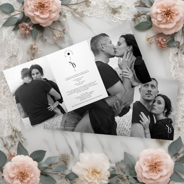 Invitación Tríptica Exquisite Minimalist Black Whi (Exquisite Chic Minimalist Black & White Wedding Initials 4 Photos Invitation Tri-Fold Card.)