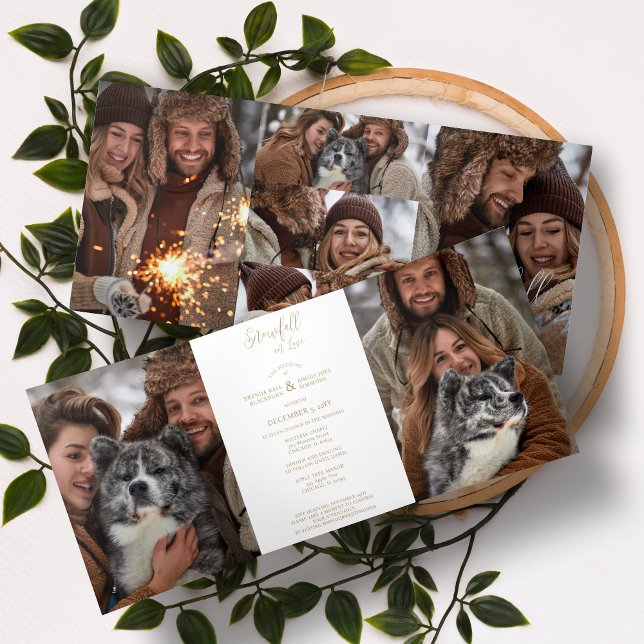 Invitación Tríptica Exquisite Winter Wedding Christmas 7 Multi Photos (Exquisite Winter Wedding Christmas 7 Multi Photos in Fake Gold Tri-Fold Invitation with Envelope. )