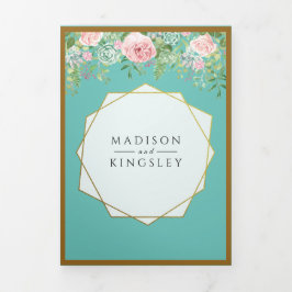 Invitación Tríptica Fab ELEGANT Boda Verde azulado Floral Rosa